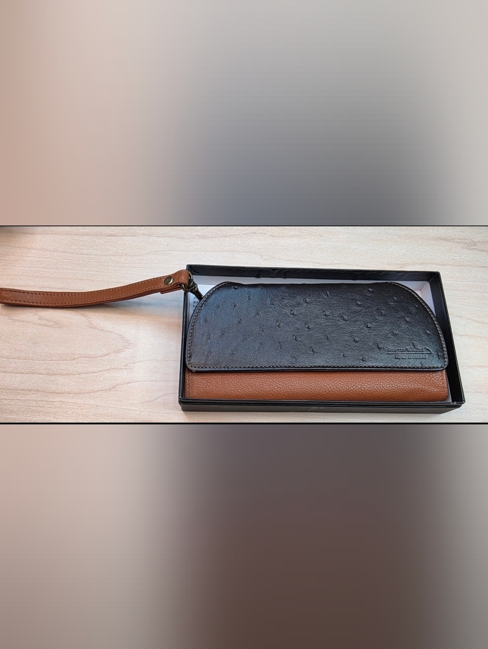 Rogue RFID Wallet Wristlet Clutch Ostrich Print Napa Leather Brown Black